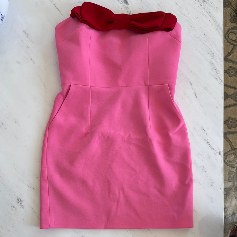 Pink Strapless Dress with Red Bow